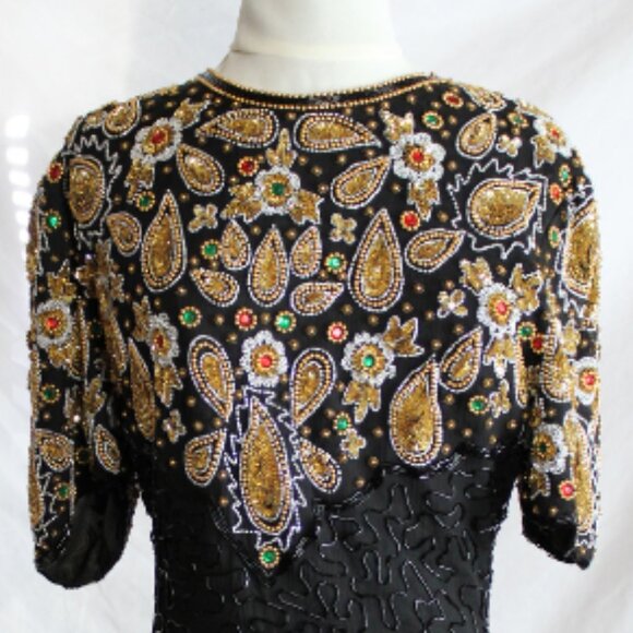 Night Vogue SZ Med 100% Silk Beaded & Sequin Black Evening Dress - Picture 1 of 15